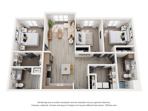 Floor plan for 3 beds, 2 baths, 1256 sqft